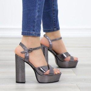 Metallic Pewter Platform Open Toe Heels